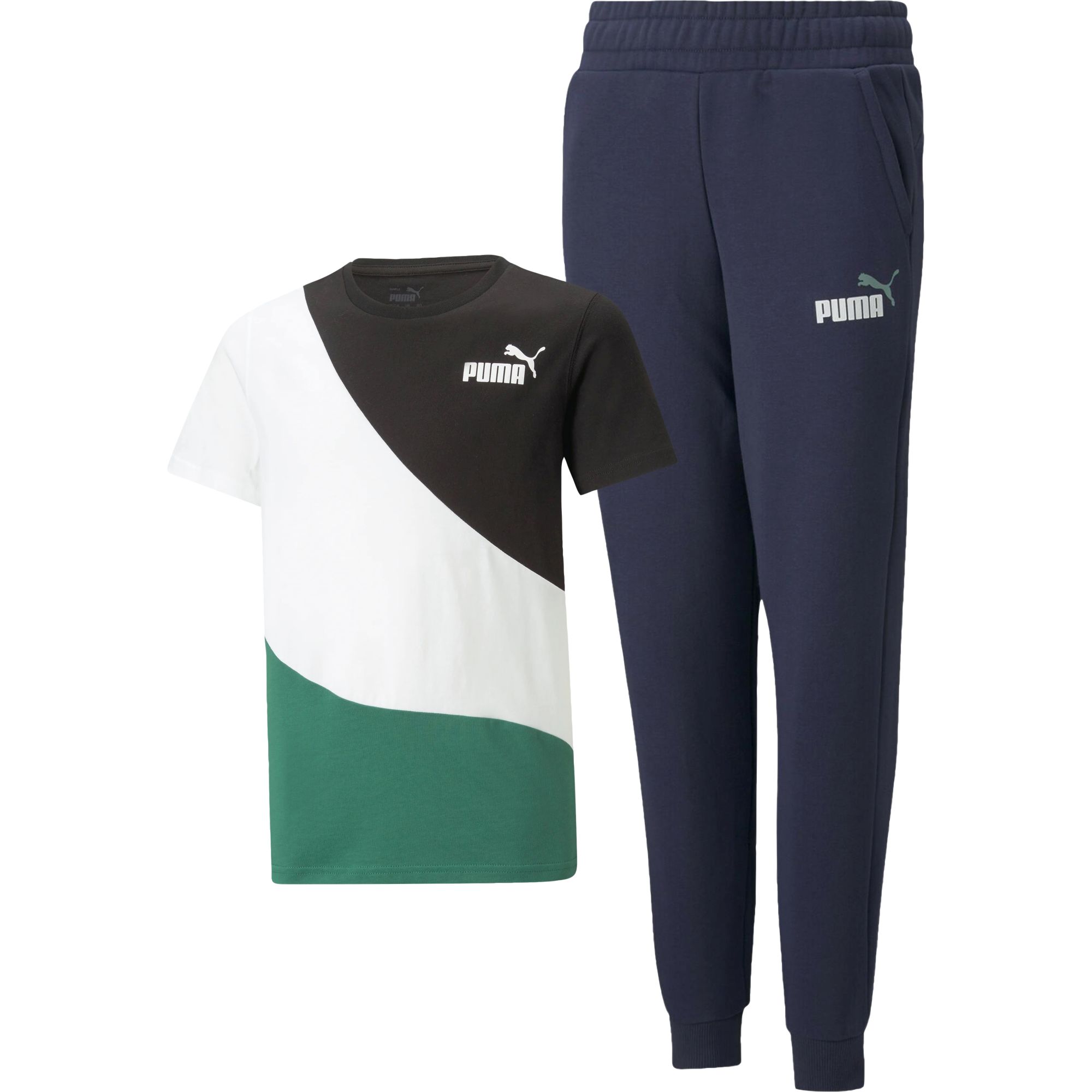 Ess+ 2 col logo pants fl cl b + power cat tee